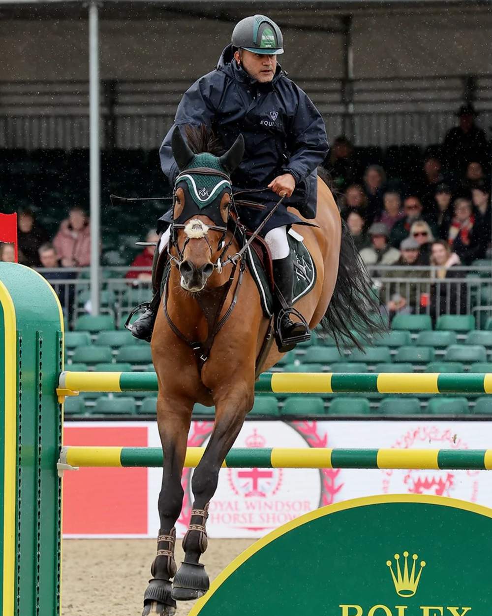 Navy coloured Equidry Mens Equimac Evolution Jacket on outdoor background 