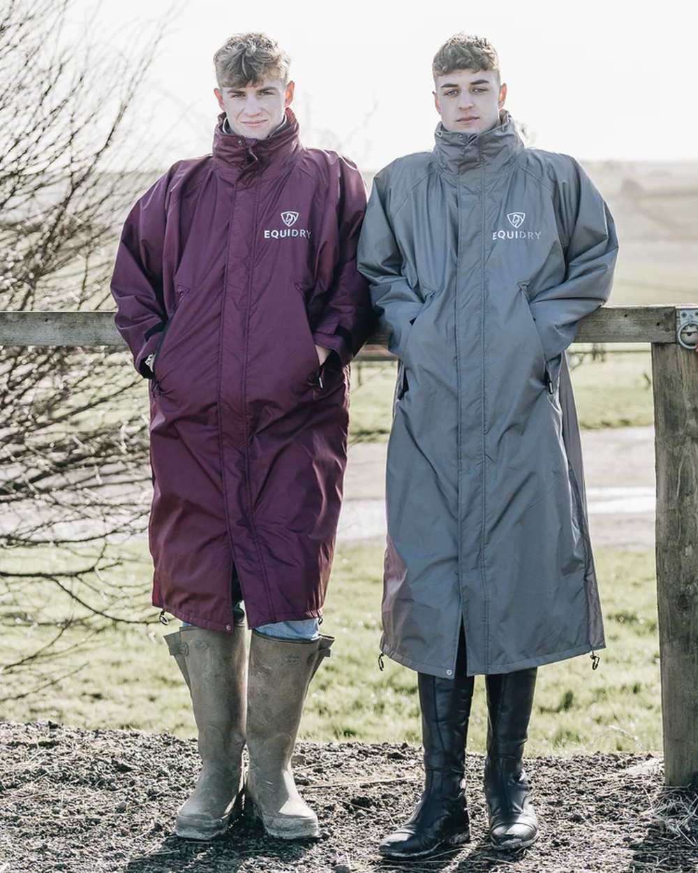 Plum Grey colouredEquidry Mens Equimac Evolution Jacket on outdoor background 