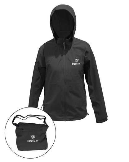 Black coloured Equidry Mens Nimbus Pack Away Jacket With Stowaway Hood on white background 