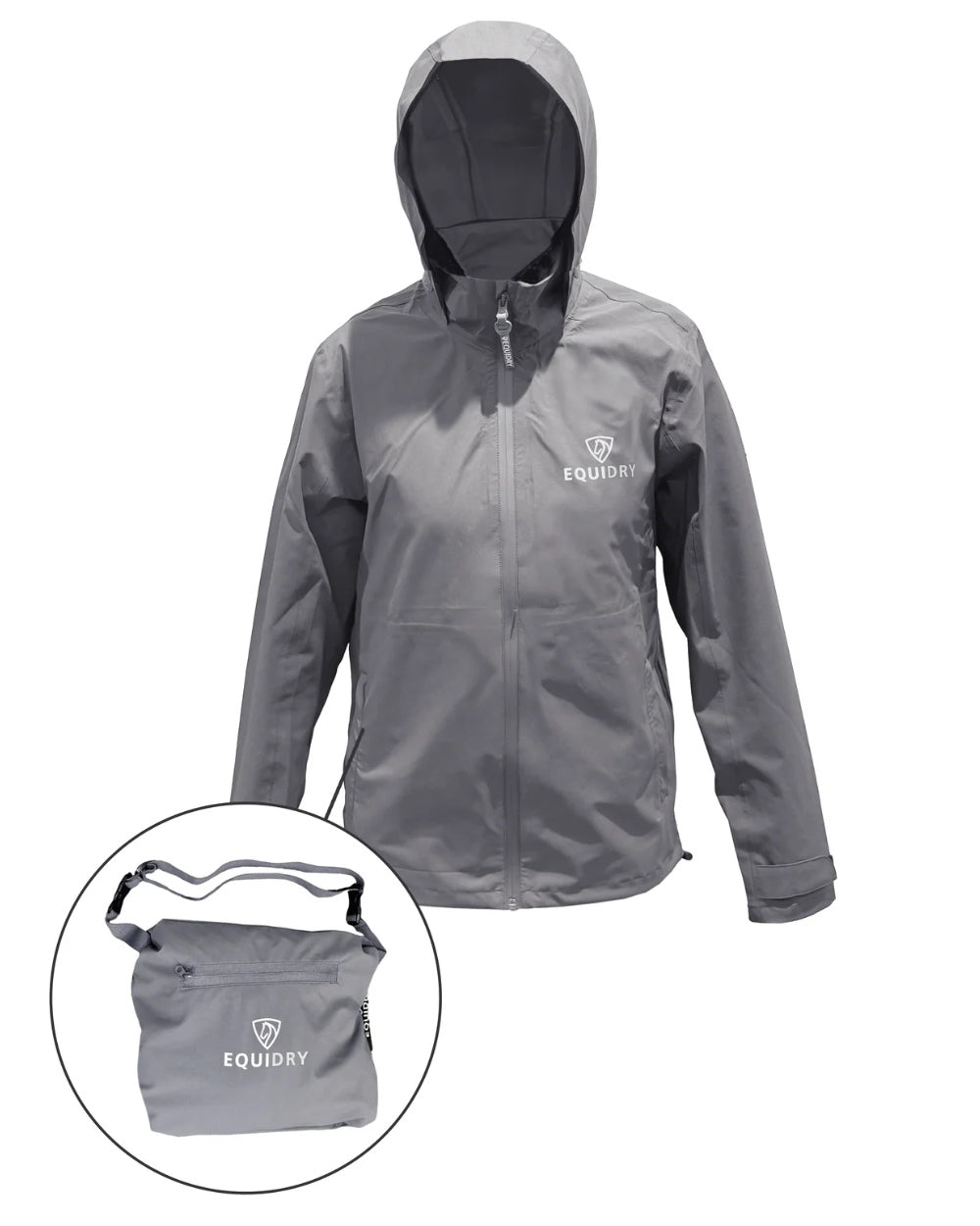 Charcoal coloured Equidry Mens Nimbus Pack Away Jacket With Stowaway Hood on white background 
