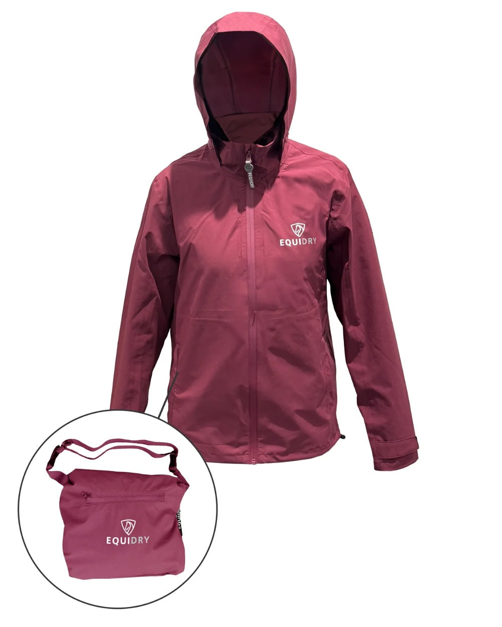 Deep Plum coloured Equidry Mens Nimbus Pack Away Jacket With Stowaway Hood on white background 