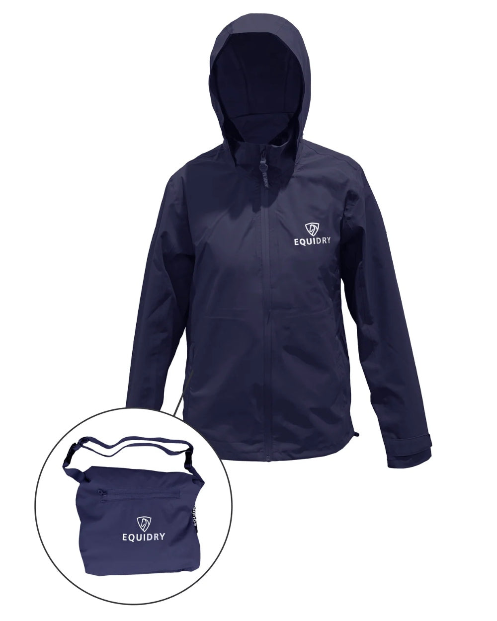 Navy coloured Equidry Mens Nimbus Pack Away Jacket With Stowaway Hood on white background 