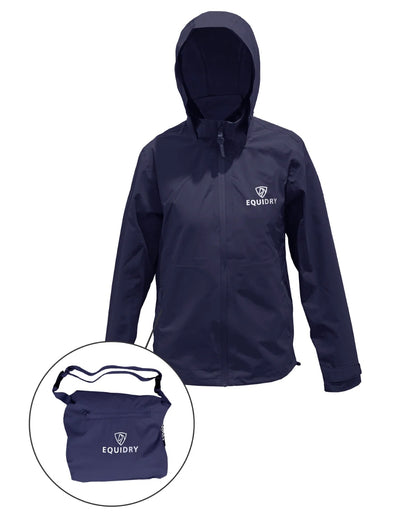 Navy coloured Equidry Mens Nimbus Pack Away Jacket With Stowaway Hood on white background 