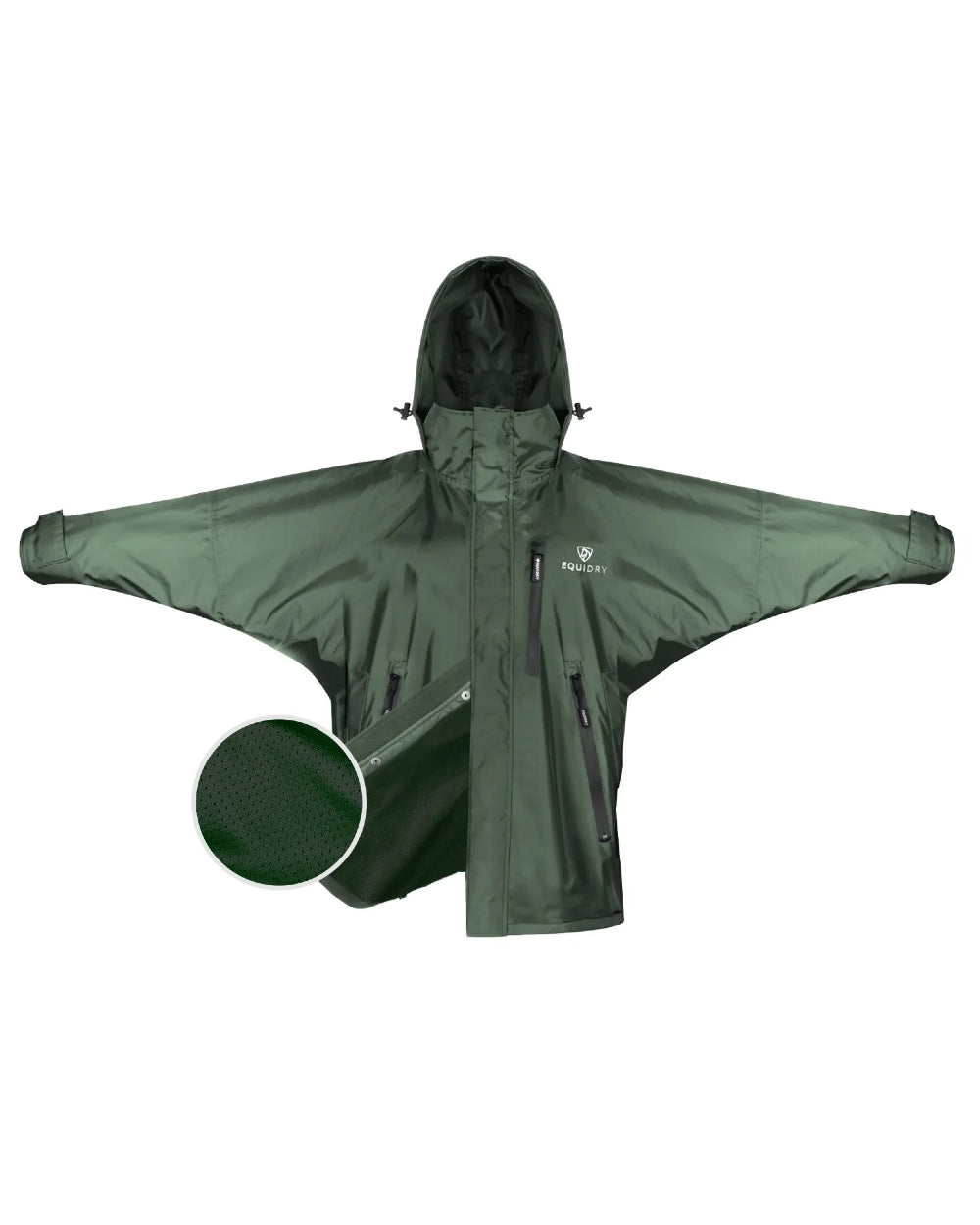 Black Forest Green coloured Equidry Mens Equimac Shortie With Stowaway Hood on white background 