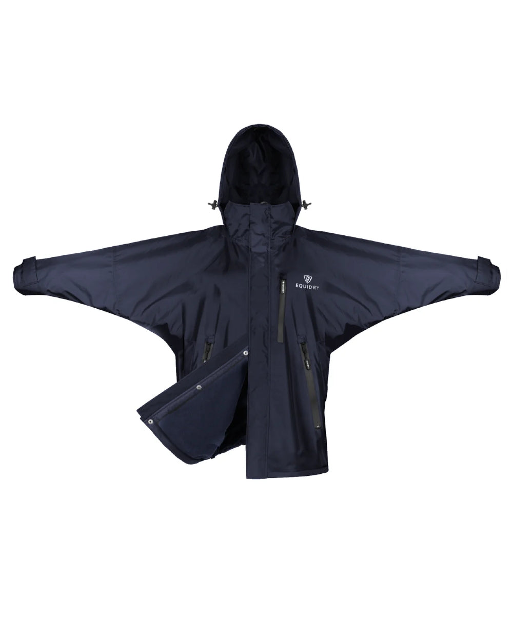 Navy coloured Equidry Mens Thin Fleece Shortie Jacket With Stowaway Hood on white background 