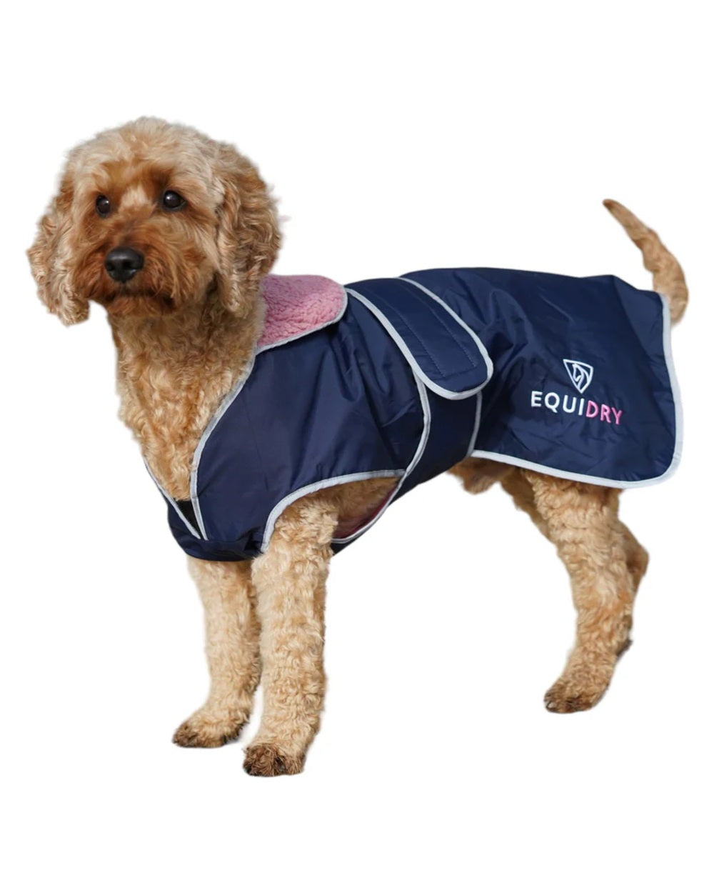 Navy Pale Pink coloured Equidry Microfibre Fleece Waterproof Dog Coat on white background 