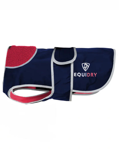 Navy Raspberry coloured Equidry Microfibre Fleece Waterproof Dog Coat on white background 