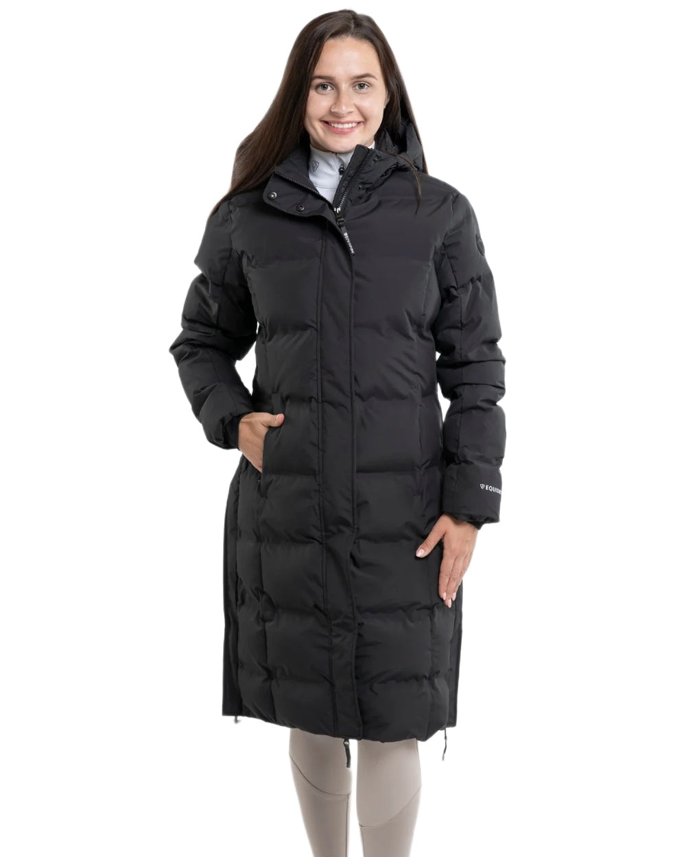 Black coloured Equidry Thora Waterproof Riding Puffer Coat With Hood on white background 