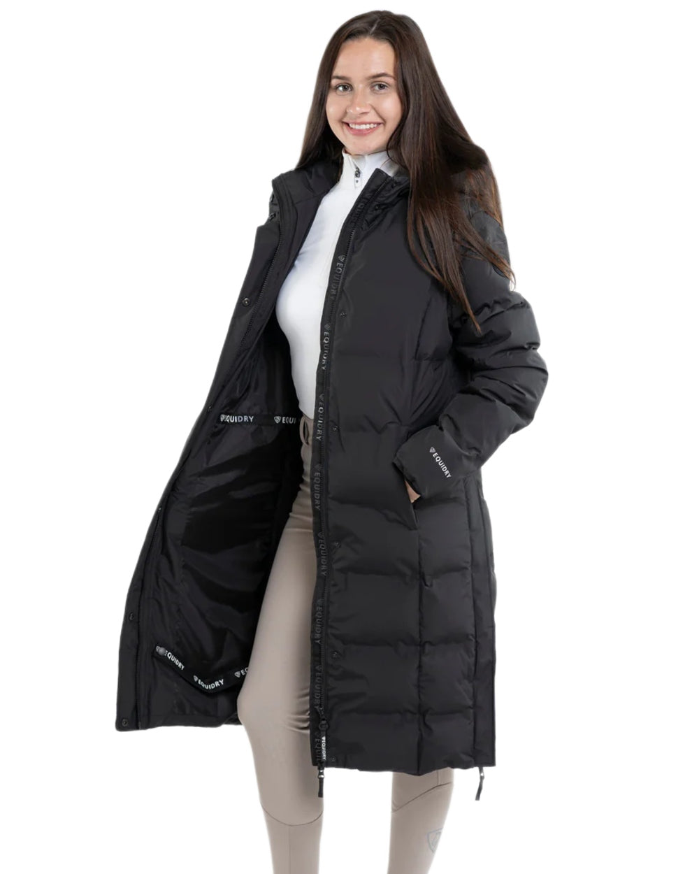 Black coloured Equidry Thora Waterproof Riding Puffer Coat With Hood on white background 
