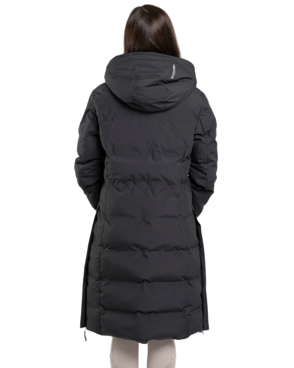 Black coloured Equidry Thora Waterproof Riding Puffer Coat With Hood on white background 