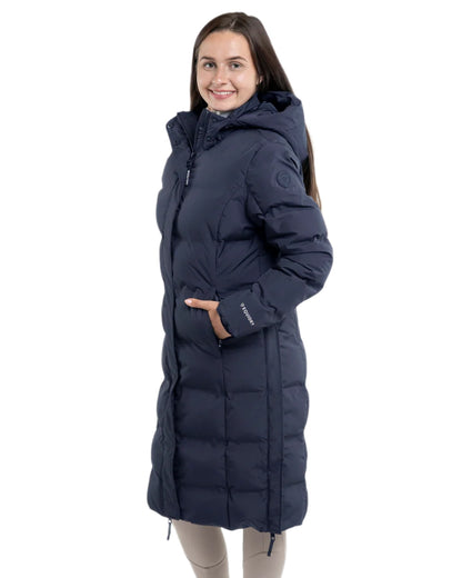 Navy coloured Equidry Thora Waterproof Riding Puffer Coat With Hood on white background 