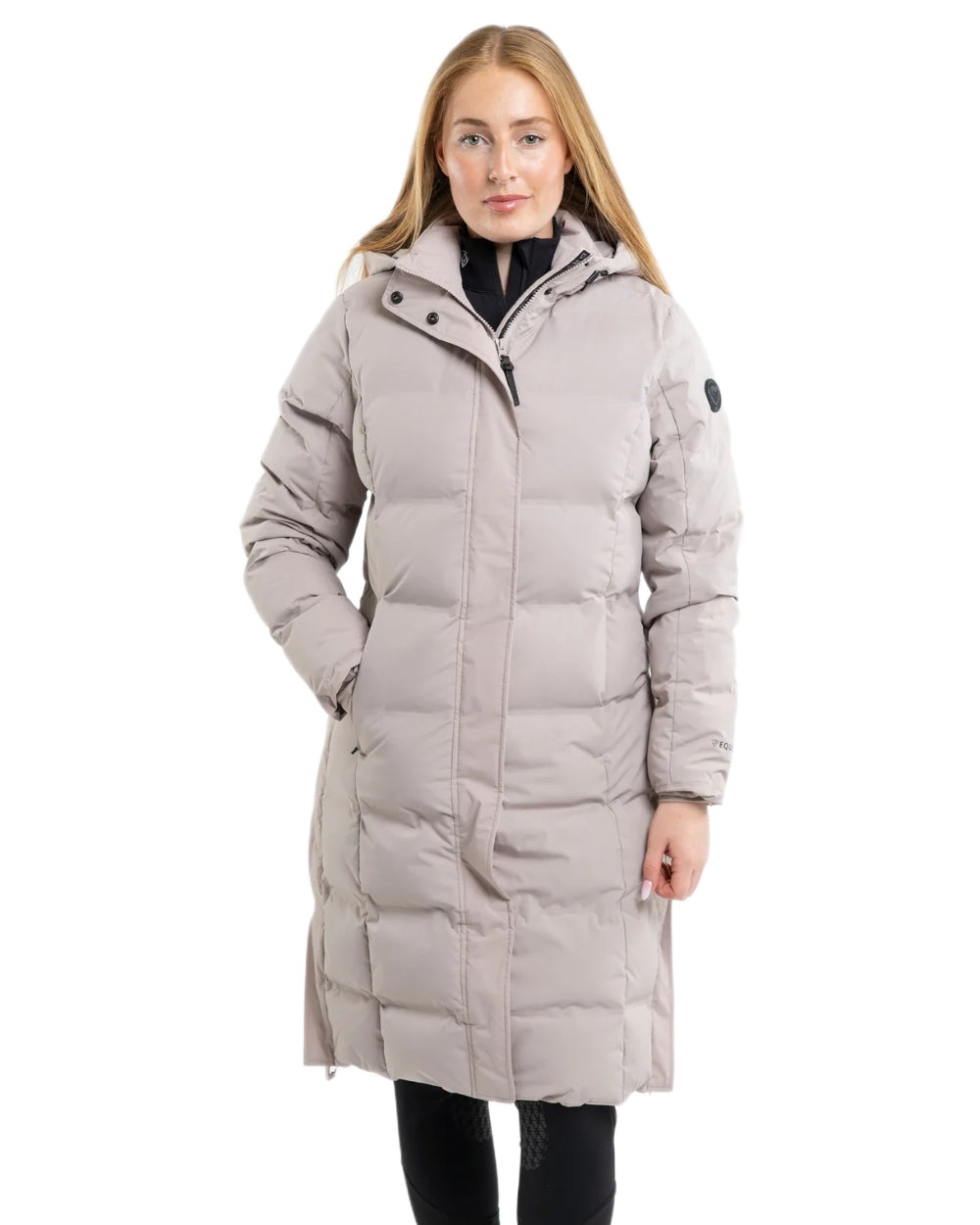 Taupe coloured Equidry Thora Waterproof Riding Puffer Coat With Hood on white background 