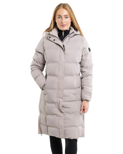 Taupe coloured Equidry Thora Waterproof Riding Puffer Coat With Hood on white background 