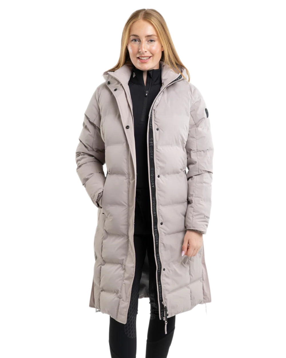 Taupe coloured Equidry Thora Waterproof Riding Puffer Coat With Hood on white background 