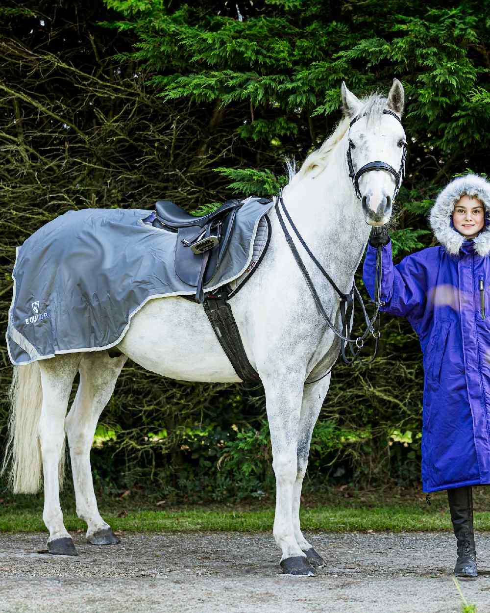 Charcoal Grey Coloured Equidry Waterproof Thick Fleece Lined Exercise Sheet on outdoor background 