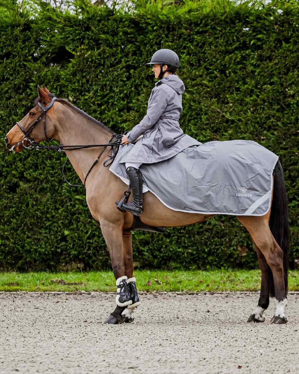 Charcoal Grey Coloured Equidry Waterproof Thick Fleece Lined Exercise Sheet on outdoor background 
