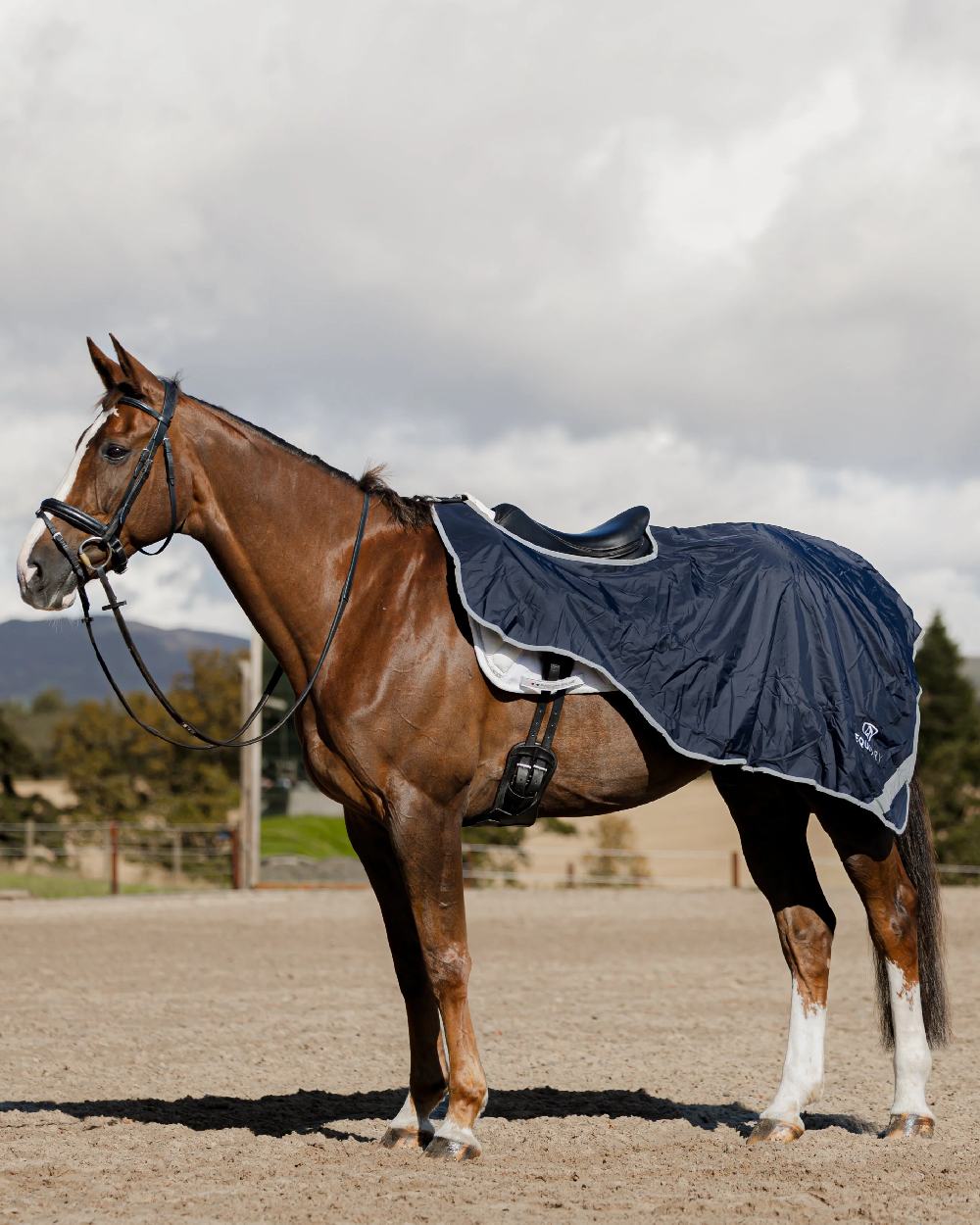 Dark Navy Coloured Equidry Waterproof Thick Fleece Lined Exercise Sheet on outdoor background 