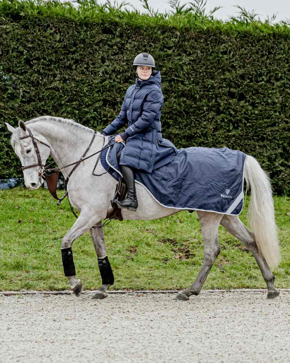 Dark Navy Coloured Equidry Waterproof Thick Fleece Lined Exercise Sheet on outdoor background 