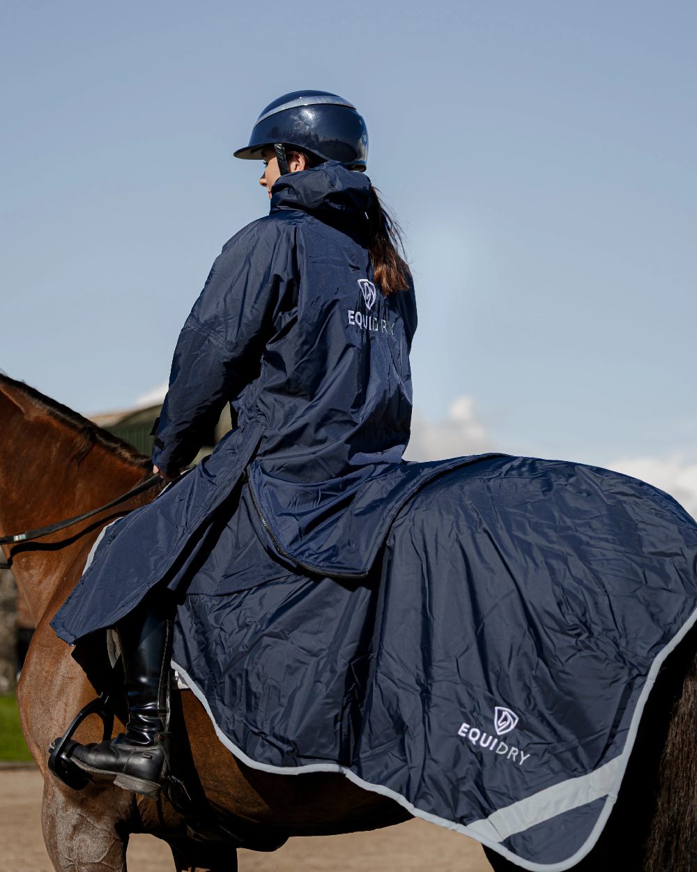 Dark Navy Coloured Equidry Waterproof Thick Fleece Lined Exercise Sheet on outdoor background 