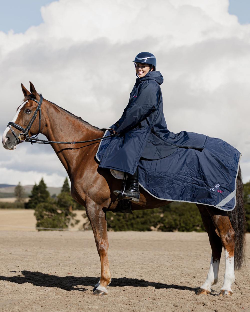 Navy Raspberry Coloured Equidry Waterproof Thick Fleece Lined Exercise Sheet on outdoor background 