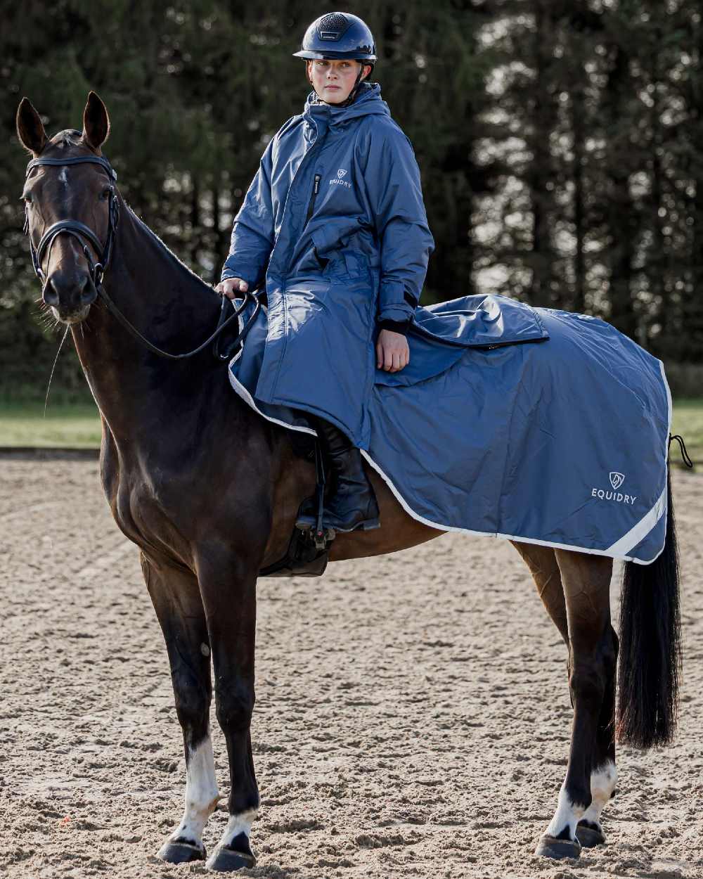 Steel Blue Grey Coloured Equidry Waterproof Thick Fleece Lined Exercise Sheet on outdoor background 