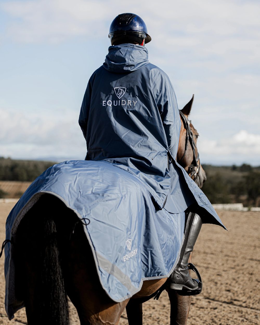 Steel Blue Grey Coloured Equidry Waterproof Thick Fleece Lined Exercise Sheet on outdoor background 