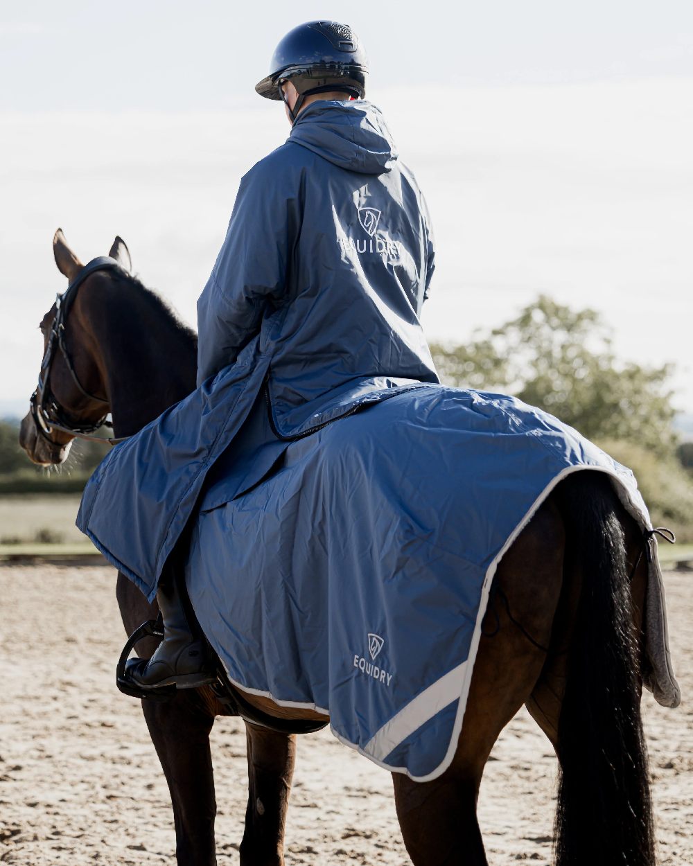 Steel Blue Grey Coloured Equidry Waterproof Thick Fleece Lined Exercise Sheet on outdoor background 