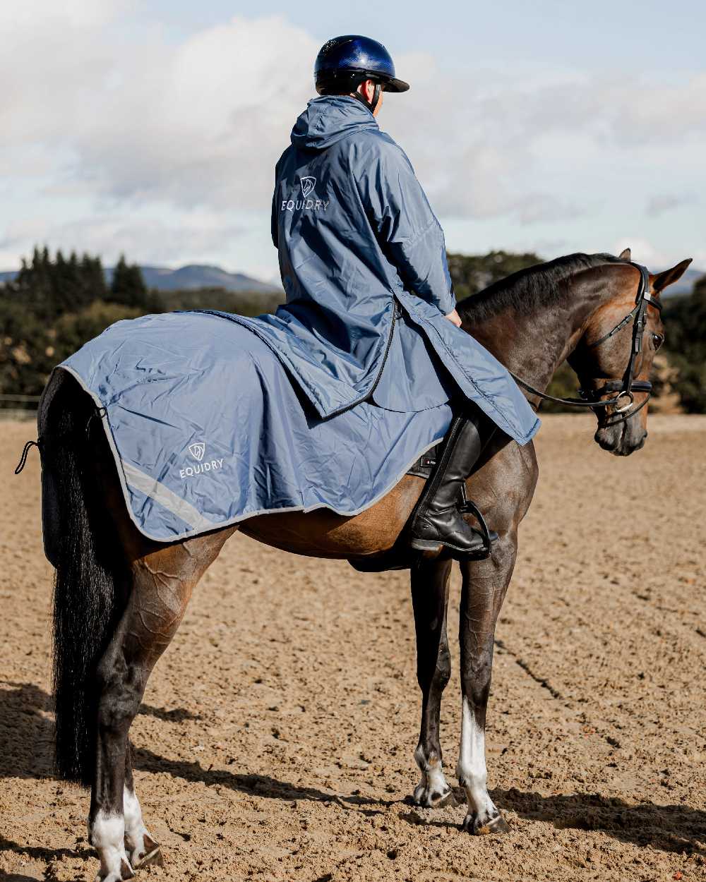 Steel Blue Grey Coloured Equidry Waterproof Thick Fleece Lined Exercise Sheet on outdoor background 