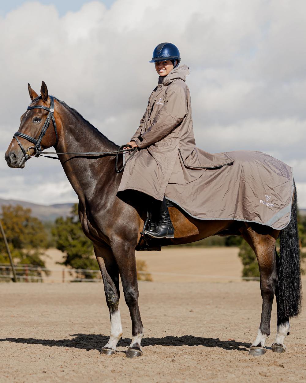 Taupe Coloured Equidry Waterproof Thick Fleece Lined Exercise Sheet on outdoor background 