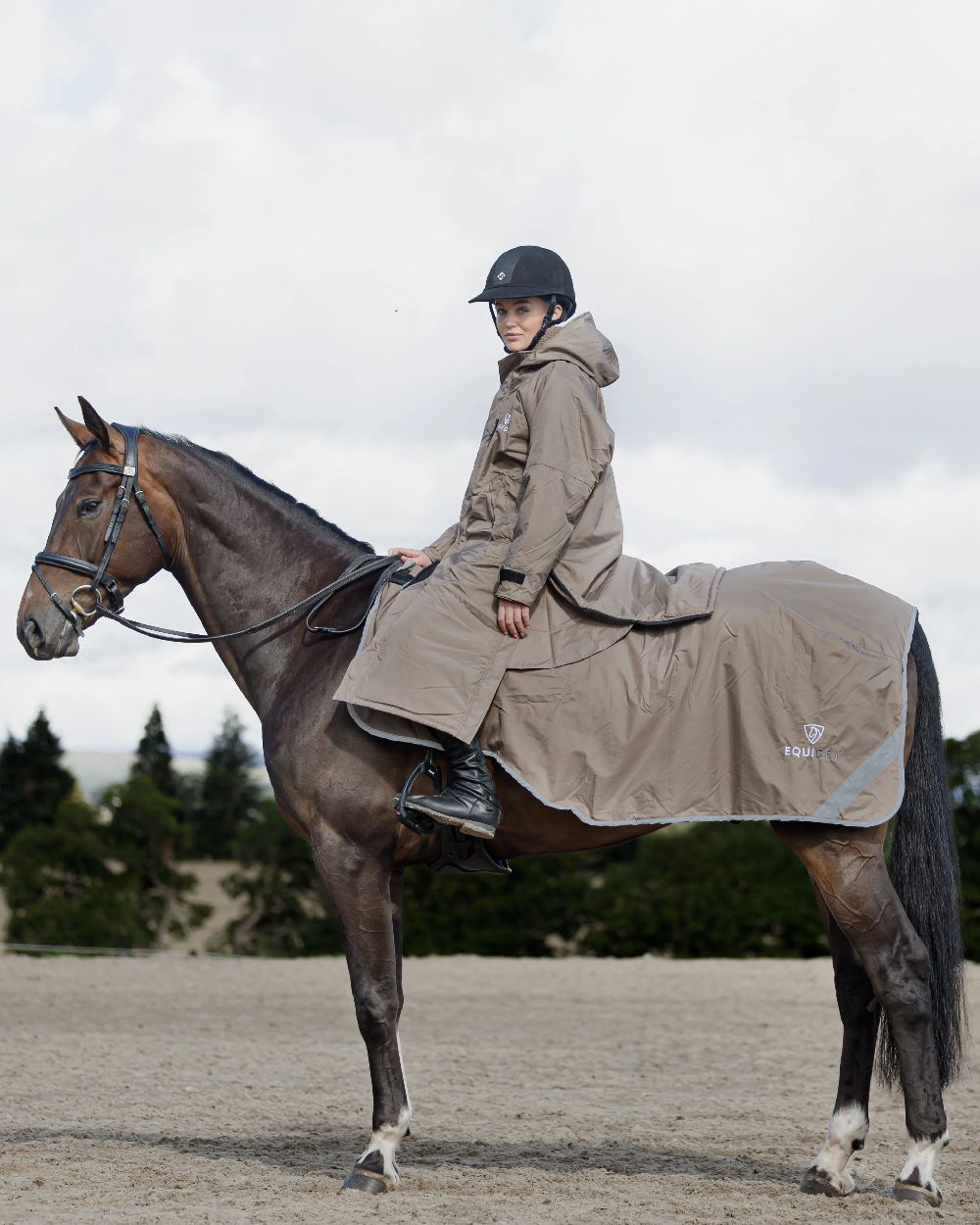 Taupe Coloured Equidry Waterproof Thick Fleece Lined Exercise Sheet on outdoor background 