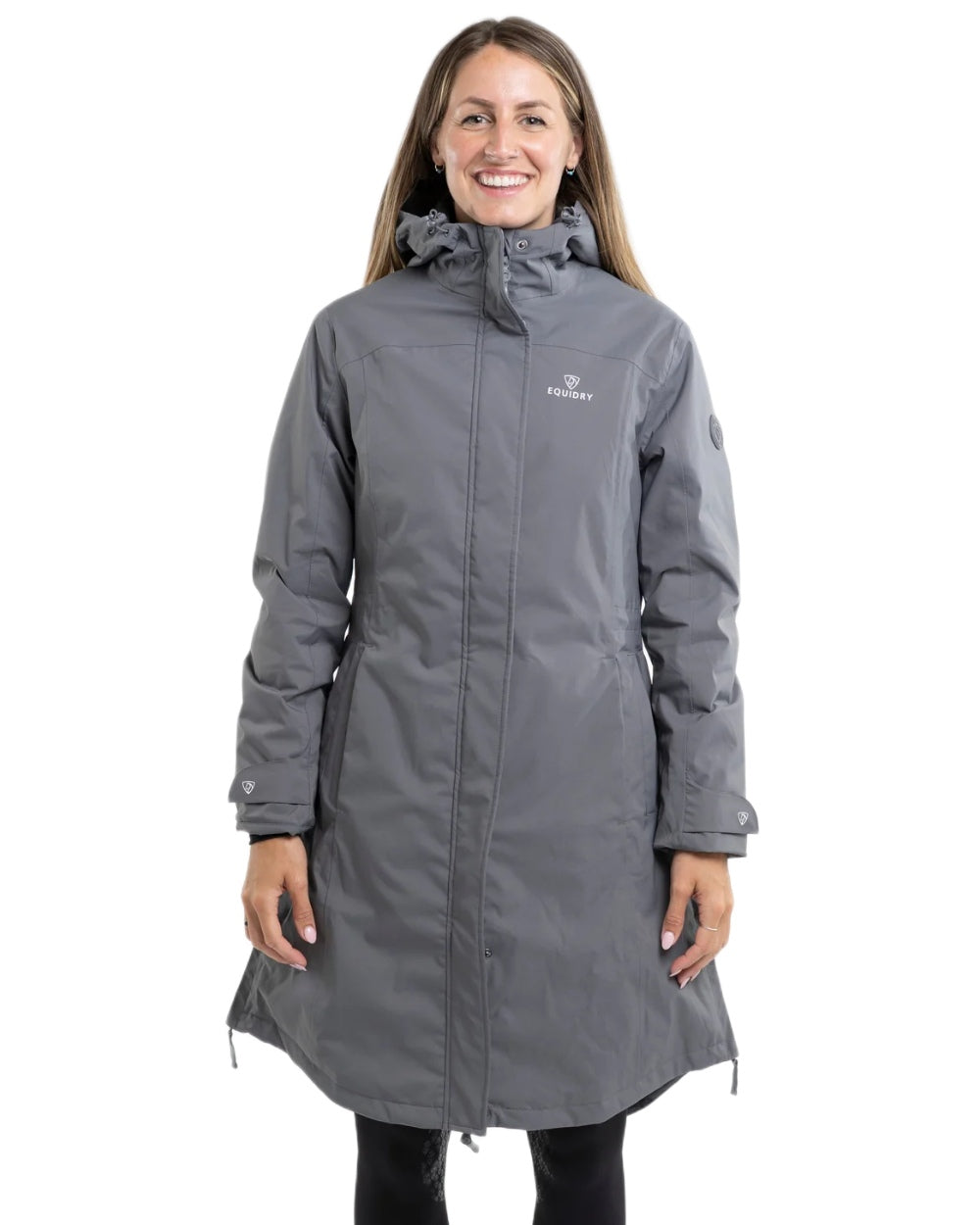 Charcoal coloured Equidry Womens Bronte Riding Coat on white background 