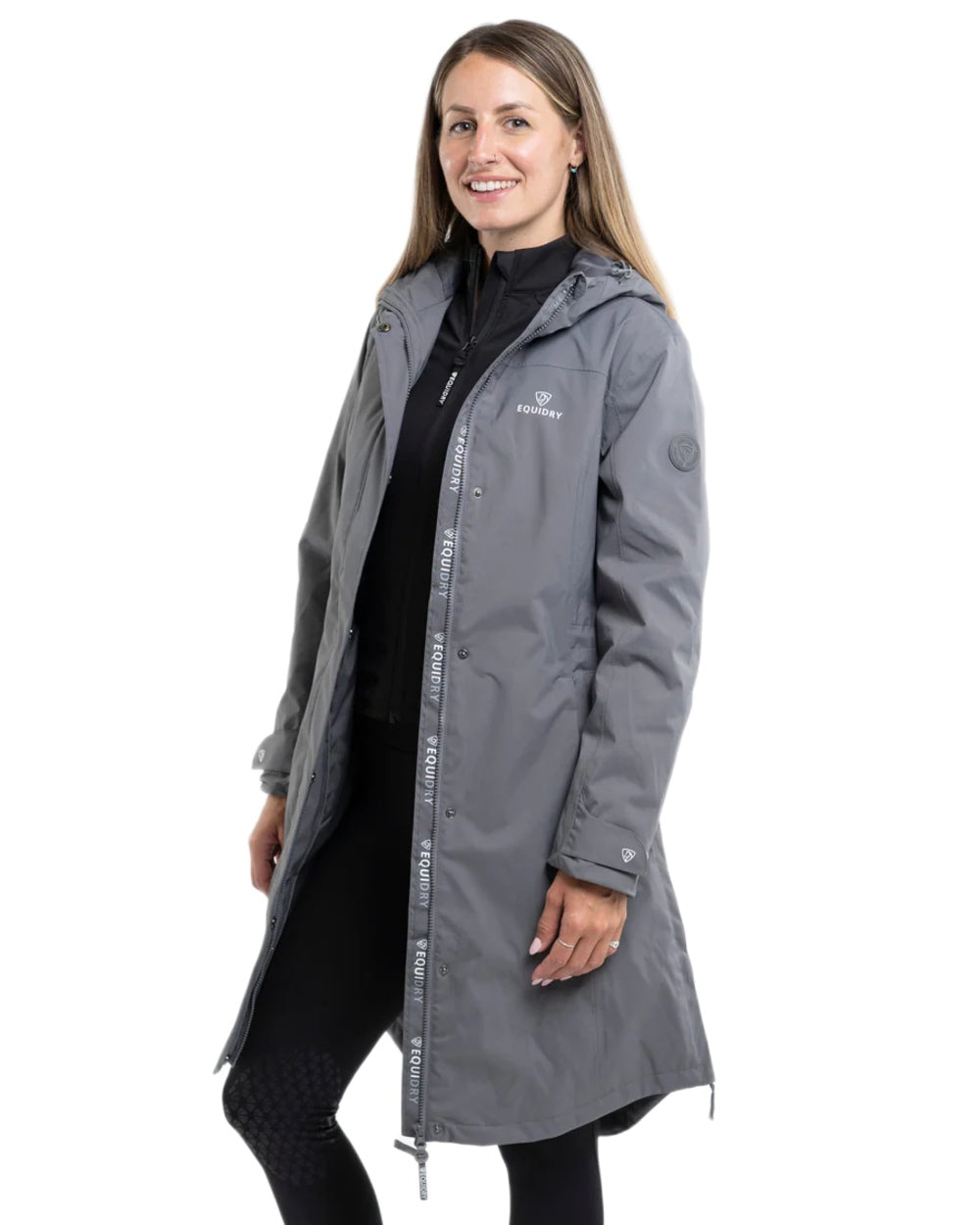 Charcoal coloured Equidry Womens Bronte Riding Coat on white background 