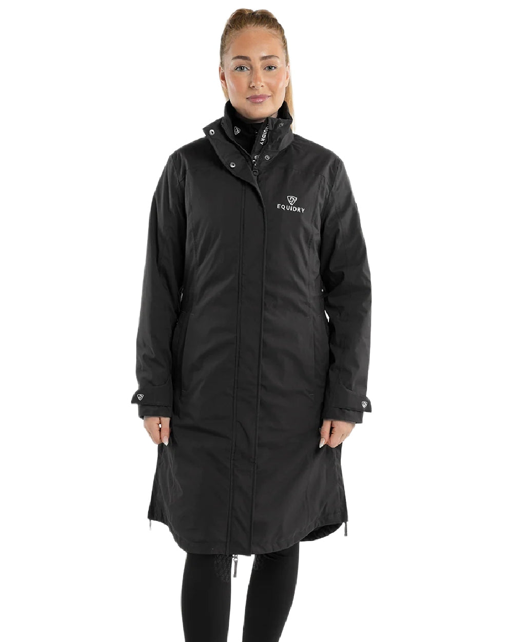 Black Coloured Equidry Womens Bronte Riding Coat With Removable Hood on white background 