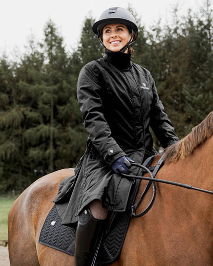 Black Coloured Equidry Womens Bronte Riding Coat With Removable Hood on outdoor background 