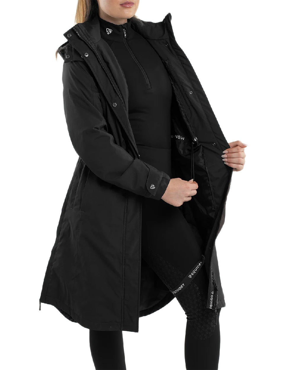 Black Coloured Equidry Womens Bronte Riding Coat With Removable Hood on white background 