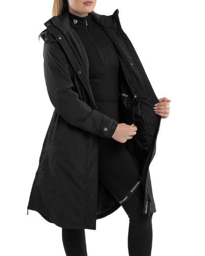 Black Coloured Equidry Womens Bronte Riding Coat With Removable Hood on white background 