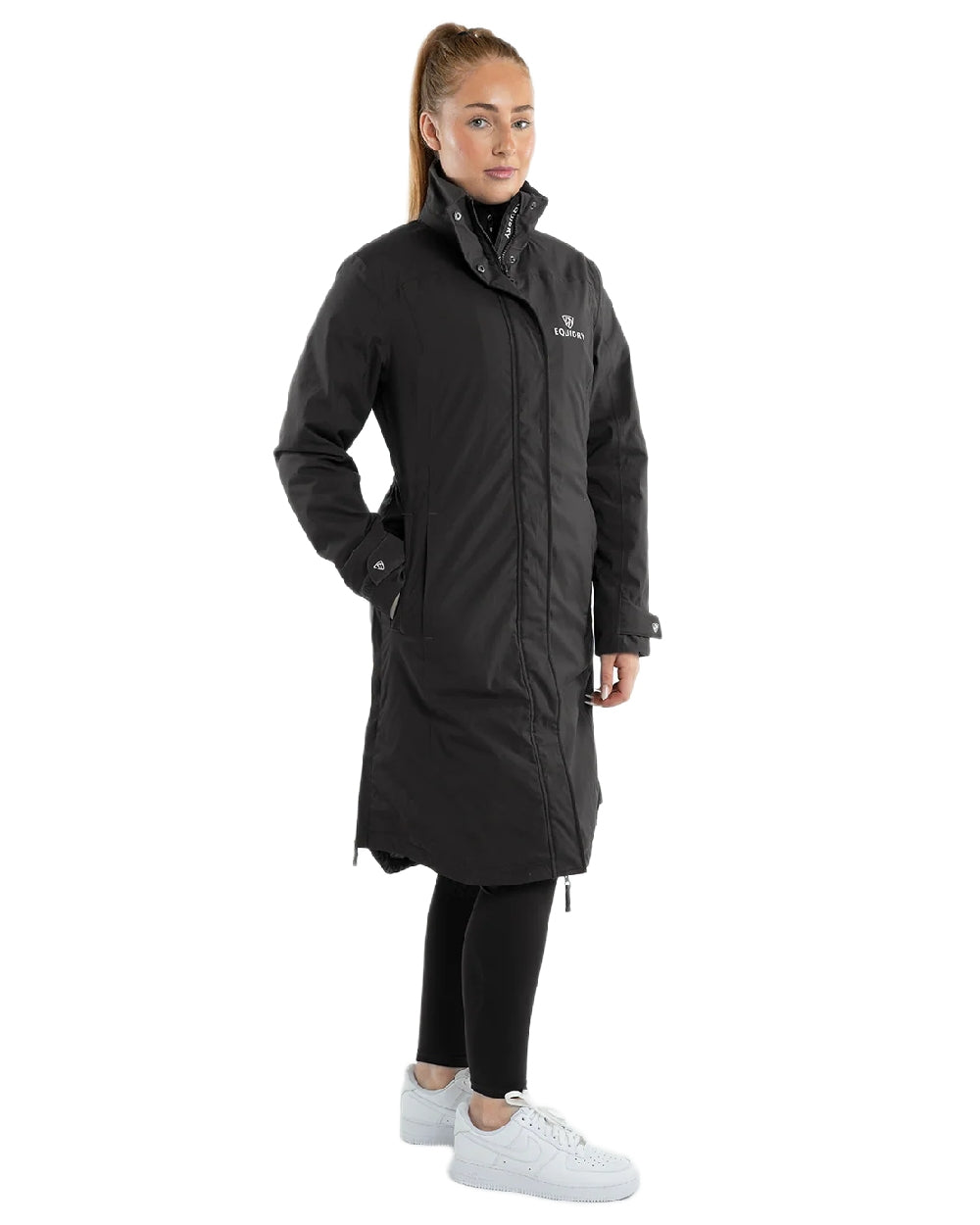 Black Coloured Equidry Womens Bronte Riding Coat With Removable Hood on white background 