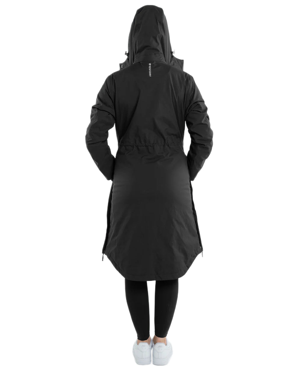 Black Coloured Equidry Womens Bronte Riding Coat With Removable Hood on white background 