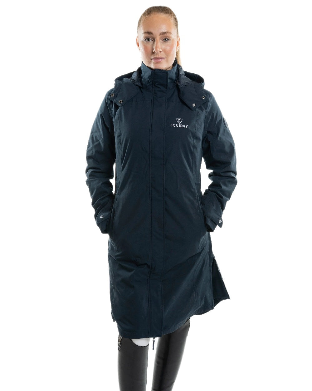Navy Coloured Equidry Womens Bronte Riding Coat With Removable Hood on white background 