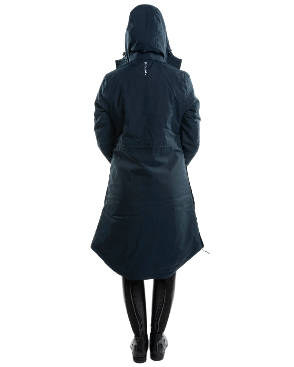 Navy Coloured Equidry Womens Bronte Riding Coat With Removable Hood on outdoor background 