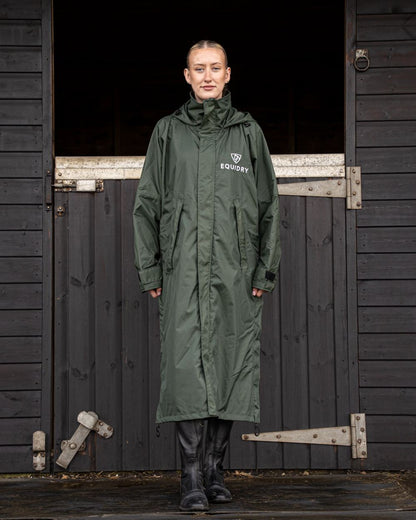 Black Forest Green coloured Equidry Womens Equimac Evolution Jacket on stable background  