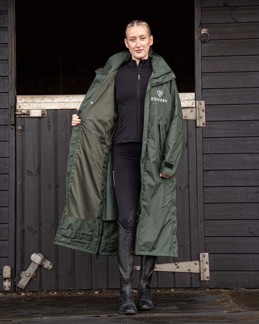 Black Forest Green coloured Equidry Womens Equimac Evolution Jacket on stable background  