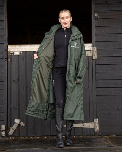 Black Forest Green coloured Equidry Womens Equimac Evolution Jacket on stable background  