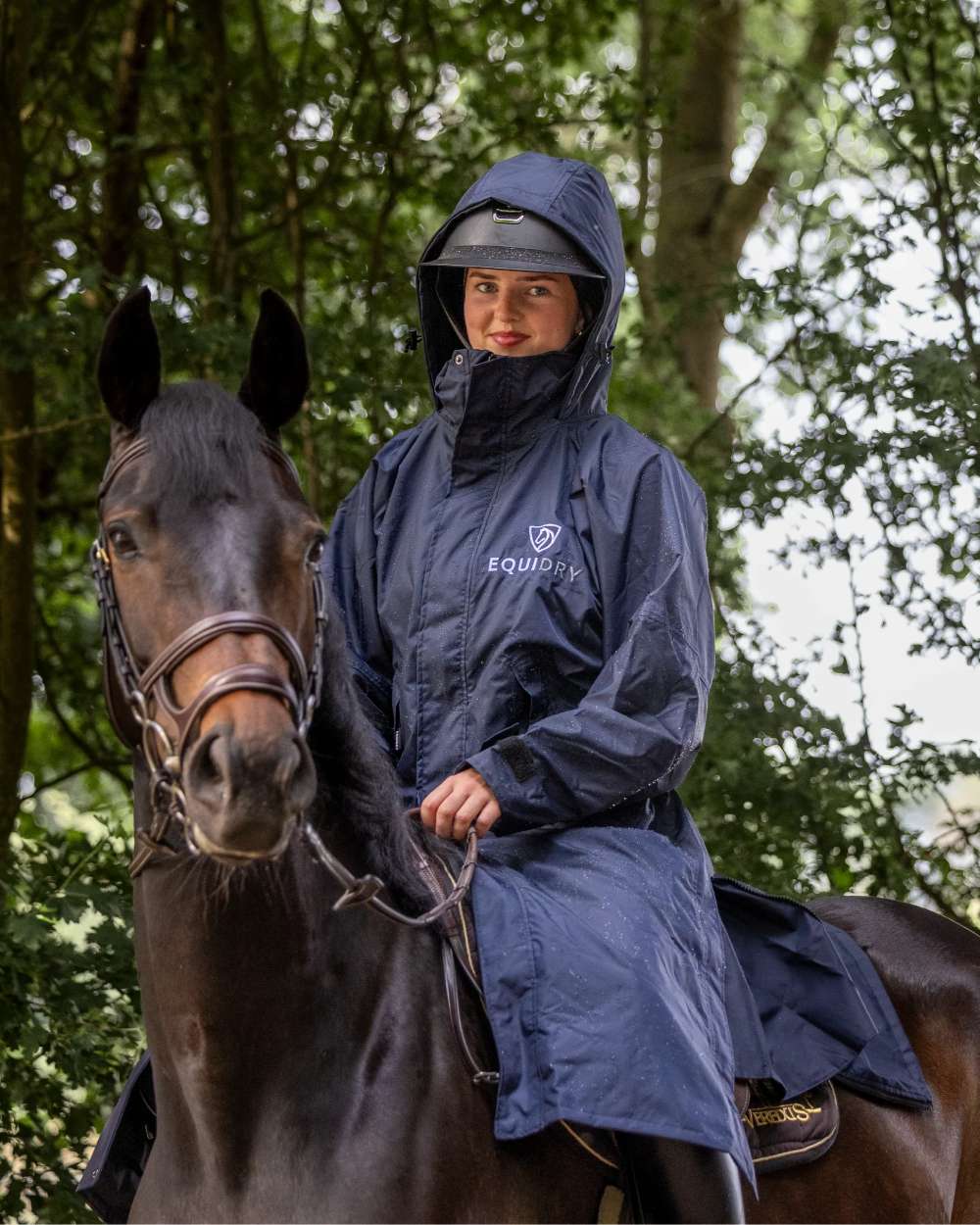 Dark Navy coloured Equidry Womens Equimac Evolution Jacket on farm background  