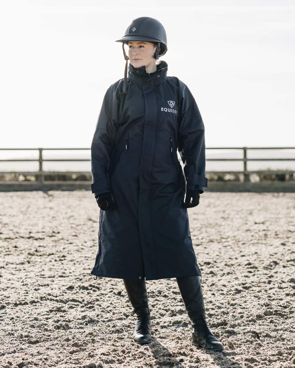 Dark Navy coloured Equidry Womens Equimac Evolution Jacket on farm background  
