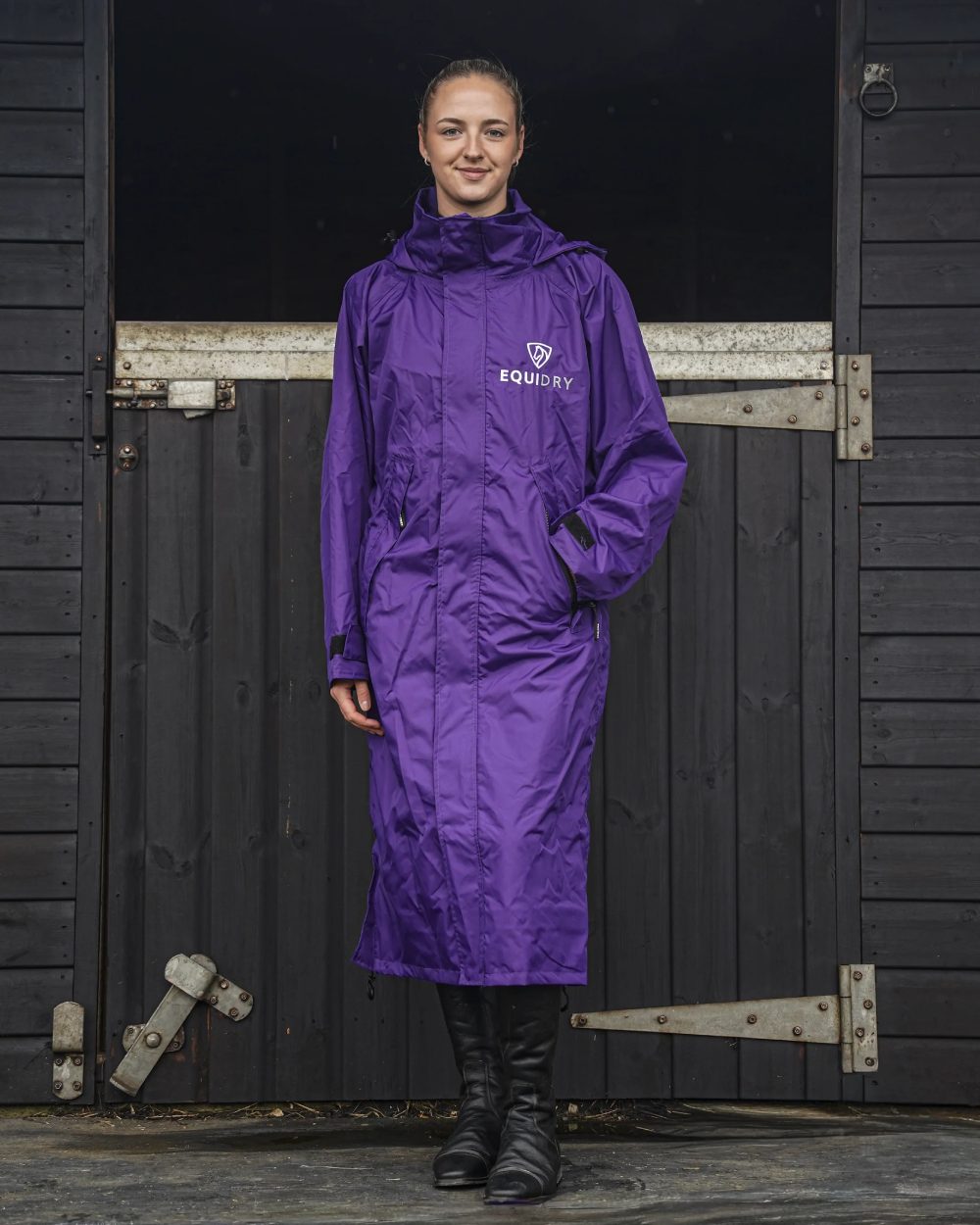 Purple coloured Equidry Womens Equimac Evolution Jacket on Stable background  