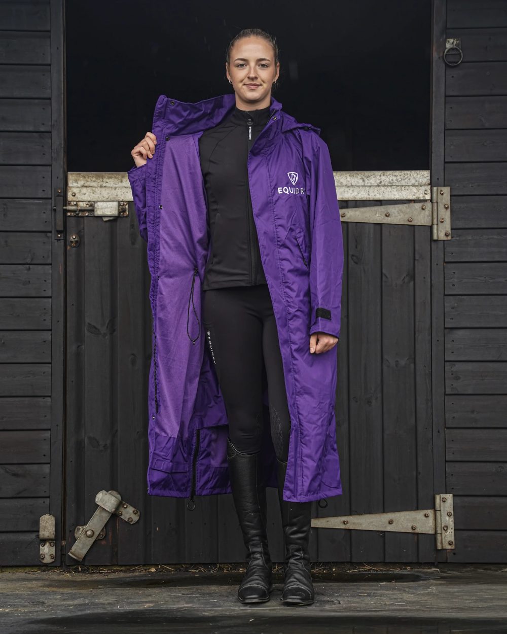 Purple coloured Equidry Womens Equimac Evolution Jacket on Stable background  