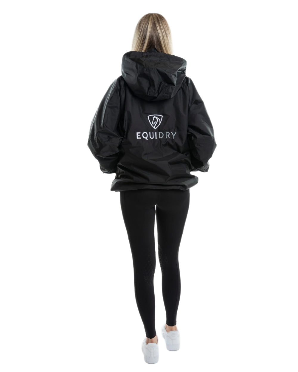 Black coloured Equidry Womens Equimac Shortie With Stowaway Hood on white background 