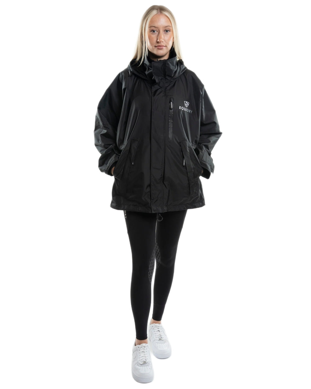 Black coloured Equidry Womens Equimac Shortie With Stowaway Hood on white background 