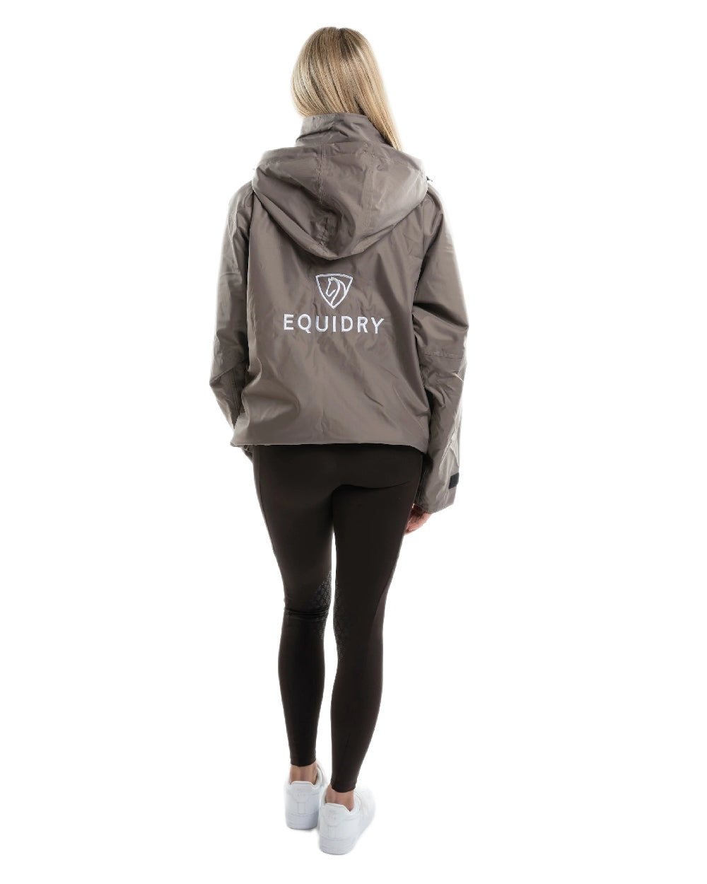 Mocha coloured Equidry Womens Equimac Shortie With Stowaway Hood on white background 